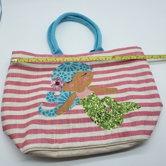 MUD Pie unisex mermaid tote bag pink stripe sequin woven fiber aqua handles - Picture 6 of 10